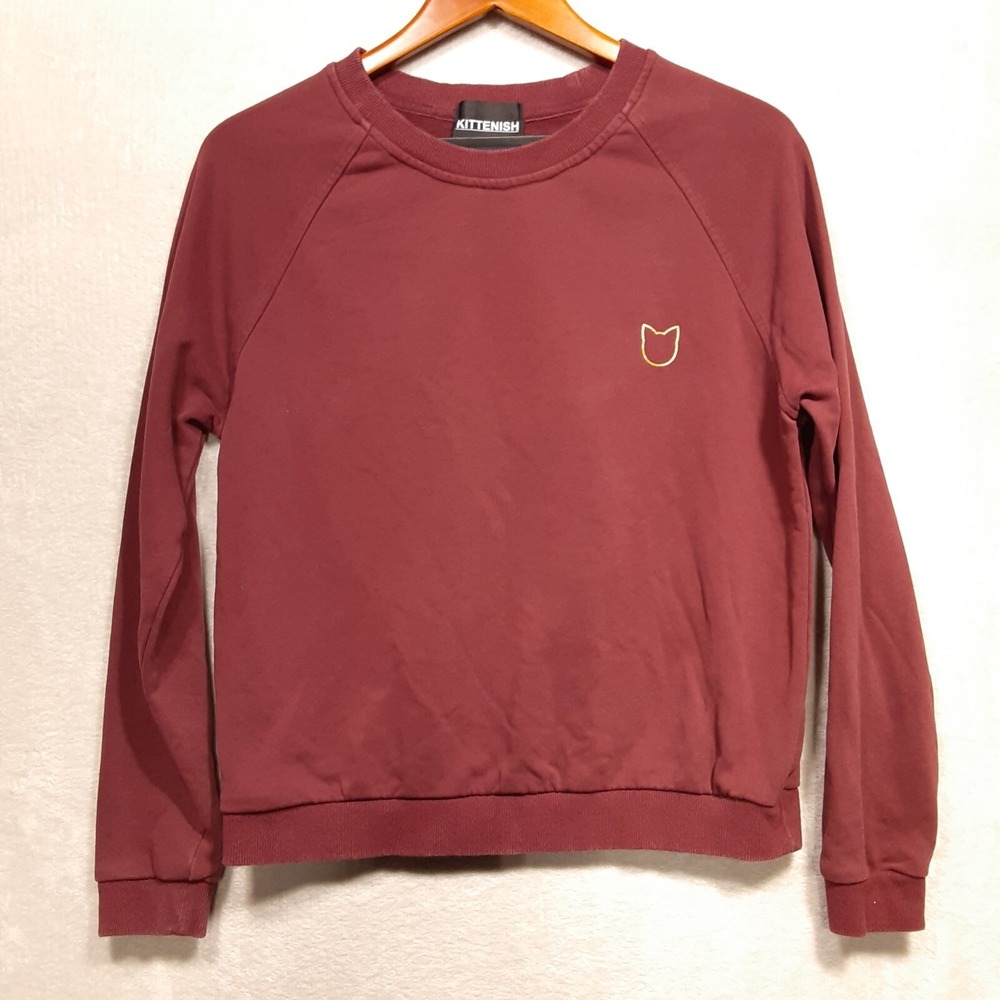 Kittenish Womans French Terry Pullover Sweater Sz.S/Burgundy/Gold Letters/Crew